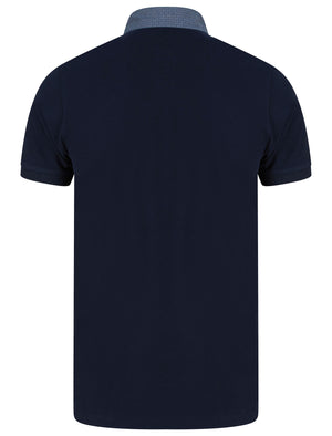 Pastor Cotton Pique Polo Shirt with Pattern Chambray Collar in Sky Captain Navy - Kensington Eastside