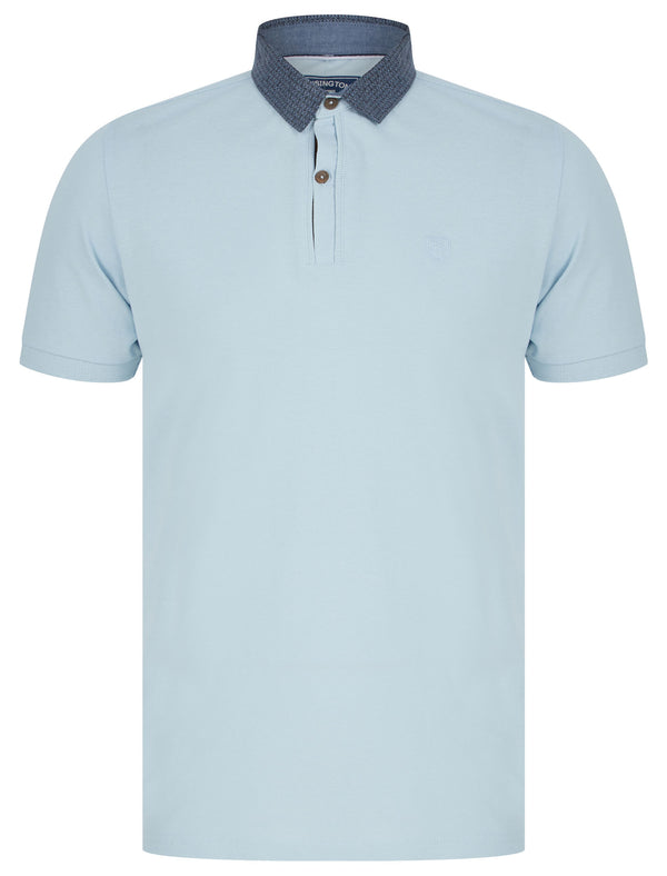 Pastor Cotton Pique Polo Shirt with Pattern Chambray Collar in Skyway Blue - Kensington Eastside