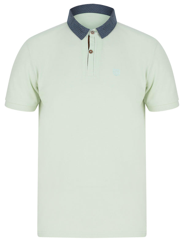 Pastor Cotton Pique Polo Shirt with Pattern Chambray Collar in Surf Spray Mint - Kensington Eastside
