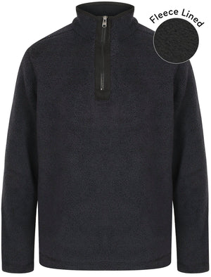 Micro Soft Jacquard Fleece Lined Bonded Pullover with Half Zip In Navy / Black - Kensington Eastside