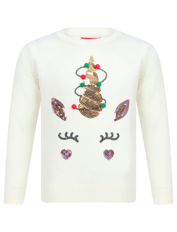 Girls Xmas Fairy Light Unicorn Crew Neck Christmas Jumper In Gardenia White - Merry Christmas