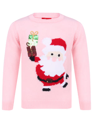 Girls Xmas Santa With Presents Novelty Christmas Jumper in Almond Blossom - Merry Christmas