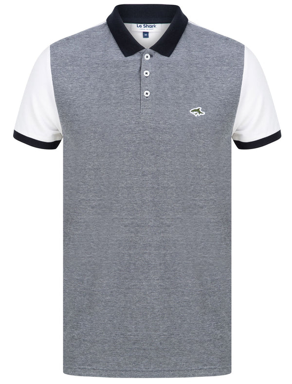 Max Cotton Pique Polo Shirt with Birdseye Front Panel In Navy / Optic White - Le Shark