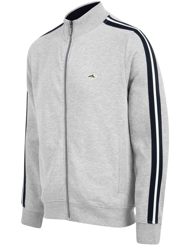 Peter Brushback Fleece Cotton Blend Track Jacket with Racer Stripes in Light Grey Marl - Le Shark