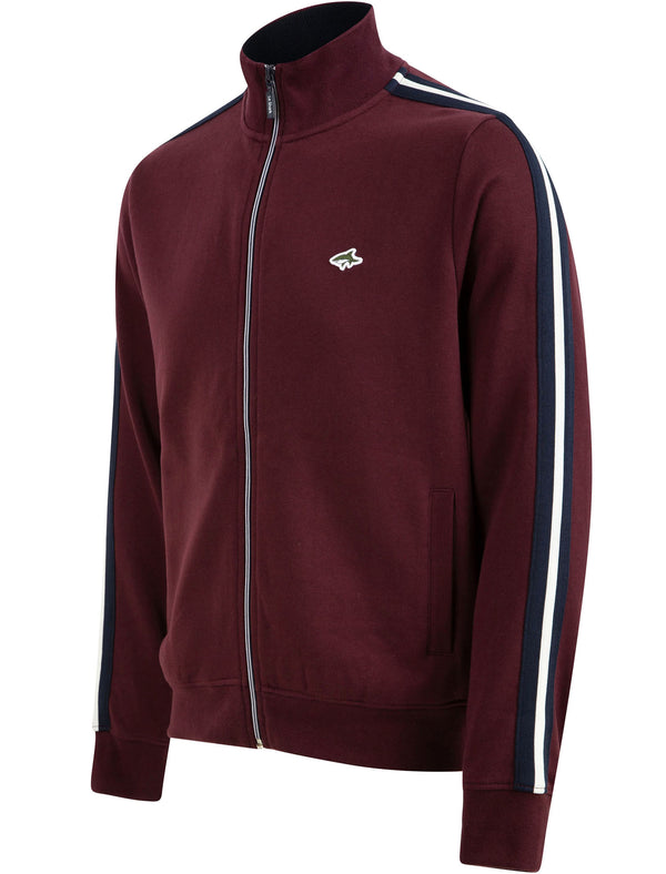 Peter Brushback Fleece Cotton Blend Track Jacket with Racer Stripes in Winetasting - Le Shark