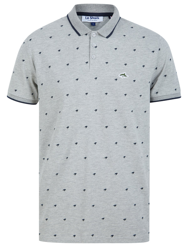Yanis Printed Cotton Pique Polo Shirt with Tipping in Light Grey Marl - Le Shark