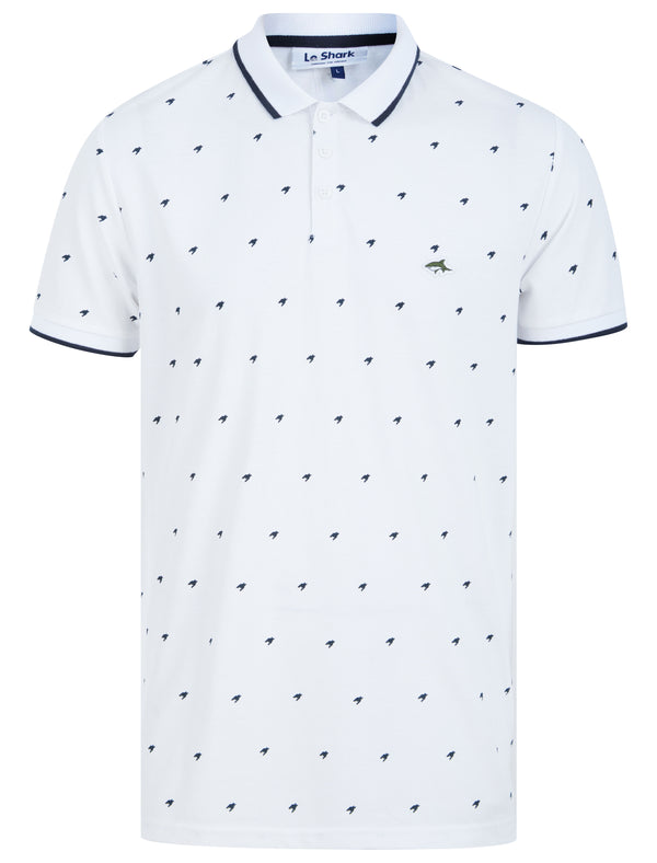Yanis Printed Cotton Pique Polo Shirt with Tipping in Optic White - Le Shark