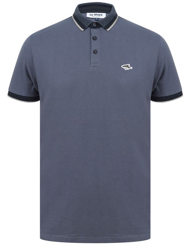 Mill 2 Cotton Pique Polo Shirt with Jacquard Collar In Vintage Indigo - Le Shark