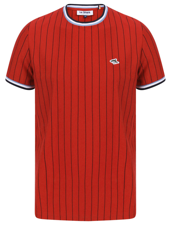 Montague Pinstripe Cotton Jersey T-Shirt with Ribbed Tipping in Scarlet Sage - Le Shark