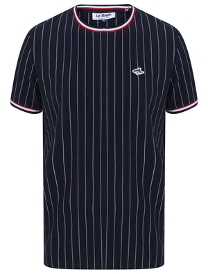 Montague Pinstripe Cotton Jersey T-Shirt with Ribbed Tipping in Sky Captain Navy - Le Shark