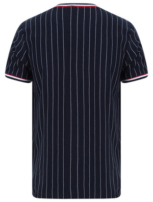 Montague Pinstripe Cotton Jersey T-Shirt with Ribbed Tipping in Sky Captain Navy - Le Shark