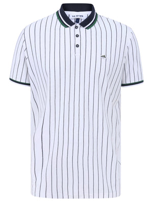Osbert Pinstripe Cotton Pique Polo Shirt with Tipping In Bright White - Le Shark