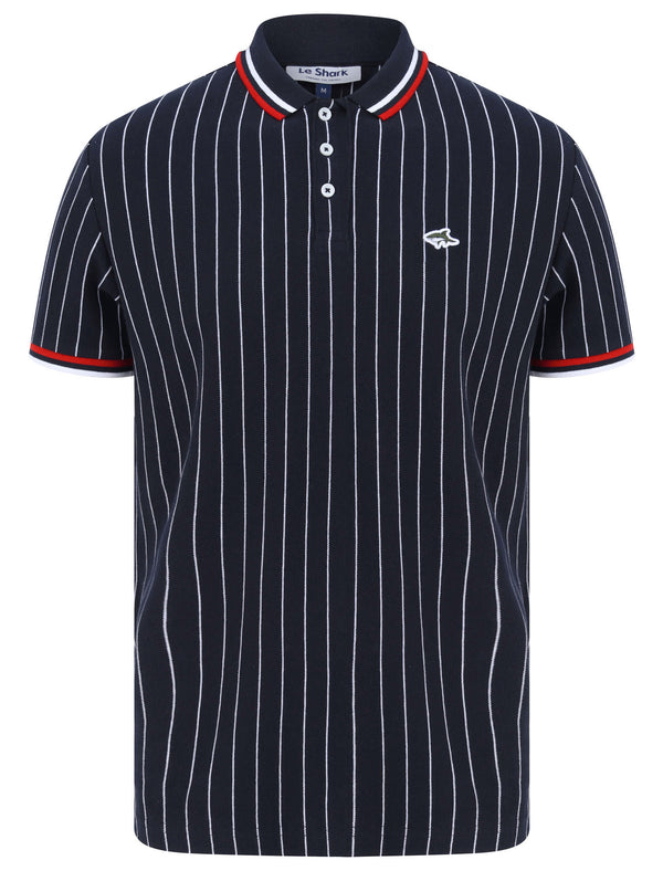 Osbert Pinstripe Cotton Pique Polo Shirt with Tipping In Sky Captain Navy - Le Shark
