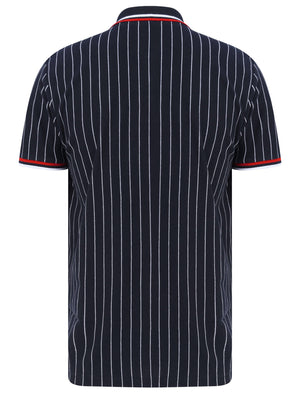 Osbert Pinstripe Cotton Pique Polo Shirt with Tipping In Sky Captain Navy - Le Shark
