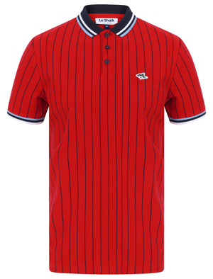Osbert Pinstripe Cotton Pique Polo Shirt with Tipping In Scarlet Sage - Le Shark