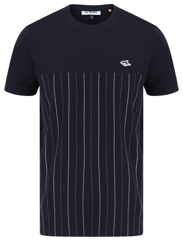 Overhill Pinstripe Cotton Jersey T-Shirt in Sky Captain Navy - Le Shark