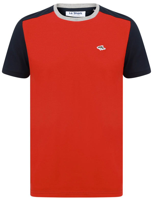 Padfield Cotton Pique T-Shirt with Contrast Sleeves in Scarlet Sage - Le Shark