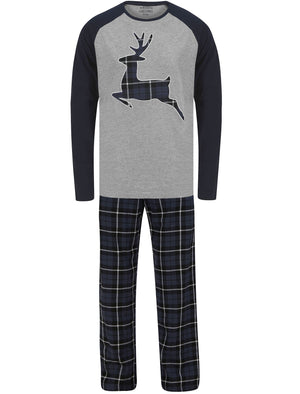 Men's Reindeer Applique 2pc Lounge Pyjama Set in Light Grey Marl / Navy Black Check - Merry Christmas