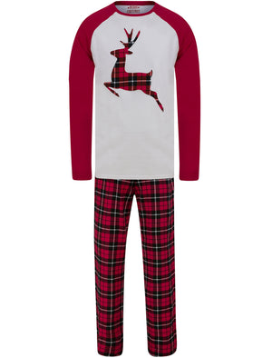 Men's Reindeer Applique 2pc Lounge Pyjama Set in White / Red Black Check - Merry Christmas
