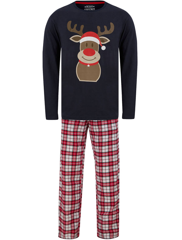 Men's Rudolph Motif 2pc Lounge Pyjama Set in Navy / White Red Check - Merry Christmas