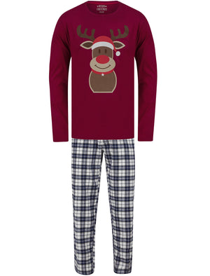 Men's Rudolph Motif 2pc Lounge Pyjama Set in Dark Red / White Navy Check - Merry Christmas
