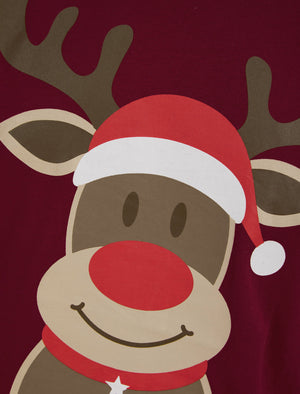 Men's Rudolph Motif 2pc Lounge Pyjama Set in Dark Red / White Navy Check - Merry Christmas