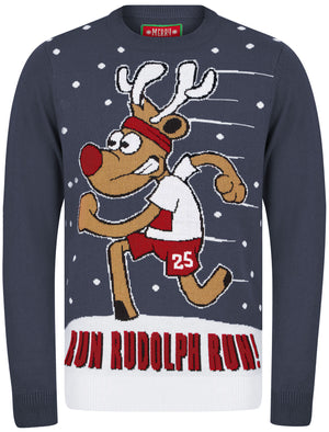 Men's Run Rudolph Run Motif Novelty Christmas Jumper in Denim Marl - Merry Christmas