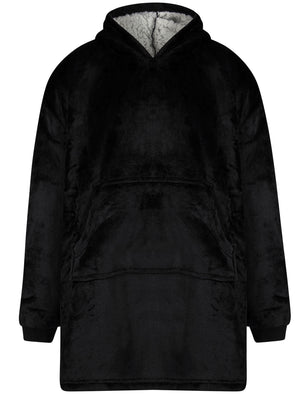 Adult Snuggle Soft Fleece Borg Lined Oversized Hooded Blanket with Pocket in Jet Black  - Tokyo Laundry