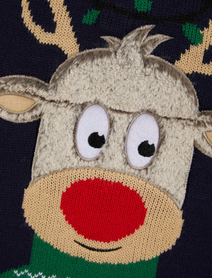Boy's Cheeky Rudolph LED Light Up Novelty Christmas Jumper in Ink - Merry Christmas Kids (4-12yrs)