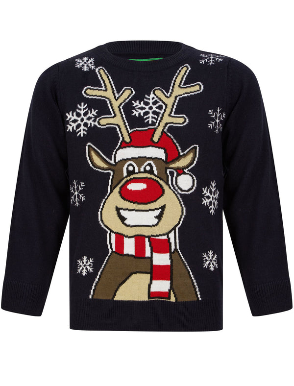 Boy's Happy Reindeer Novelty Christmas Jumper in Ink - Merry Christmas Kids (4-12yrs)