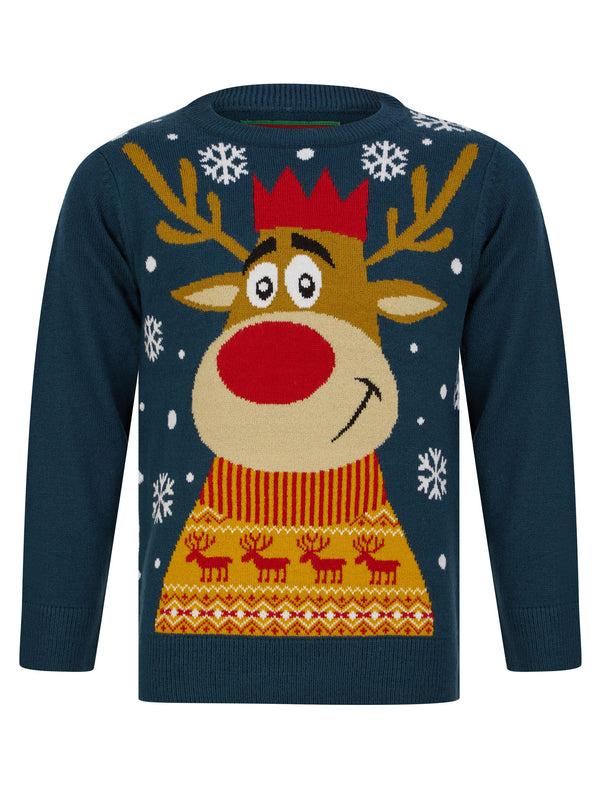 Boy's Reindeer Smile Novelty Christmas Jumper in Teal - Merry Christmas Kids (4-12yrs)