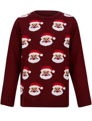 Boy's Santa Face Repeat Novelty Christmas Jumper in Claret - Merry Christmas Kids (4-12yrs)
