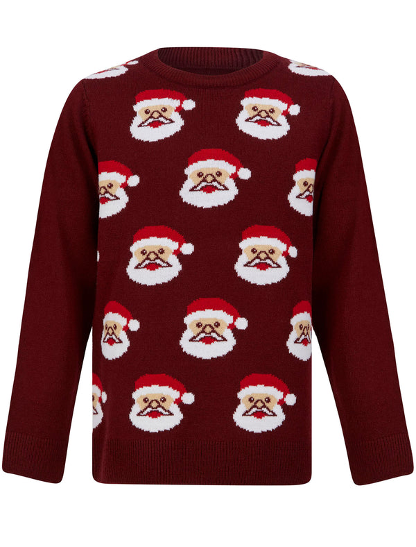Boy's Santa Face Repeat Novelty Christmas Jumper in Claret - Merry Christmas Kids (4-12yrs)