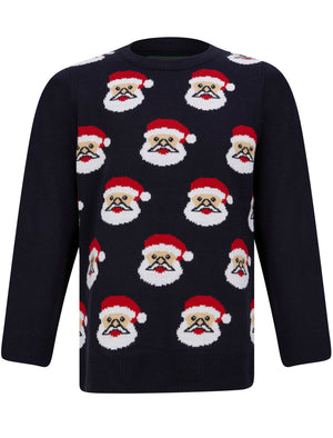 Boy's Santa Face Repeat Novelty Christmas Jumper in Ink - Merry Christmas Kids (4-12yrs)