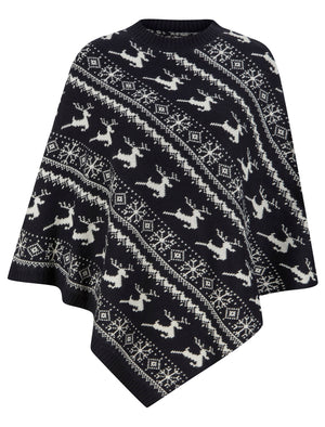 Women's Claudia Reindeer & Snowflake Print Novelty Knitted Poncho Cape in Ink - Merry Christmas