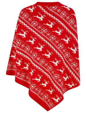 Women's Claudia Reindeer & Snowflake Print Novelty Knitted Poncho Cape in Tokyo Red - Merry Christmas