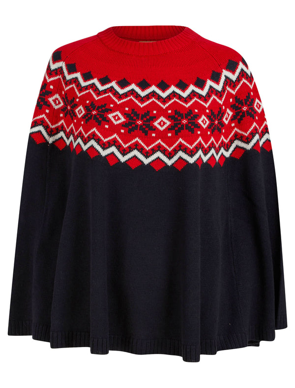 Women's Elin Snowflake Print Novelty Knitted Poncho Cape in Ink - Merry Christmas