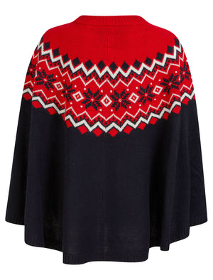 Women's Elin Snowflake Print Novelty Knitted Poncho Cape in Ink - Merry Christmas