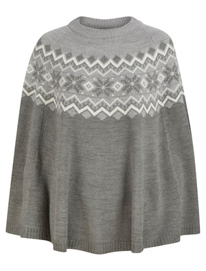 Women's Elin Snowflake Print Novelty Knitted Poncho Cape in Mid Grey Marl - Merry Christmas
