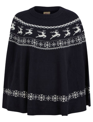 Women's Evanora Reindeer Print Novelty Knitted Poncho Cape in Ink - Merry Christmas