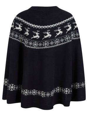 Women's Evanora Reindeer Print Novelty Knitted Poncho Cape in Ink - Merry Christmas