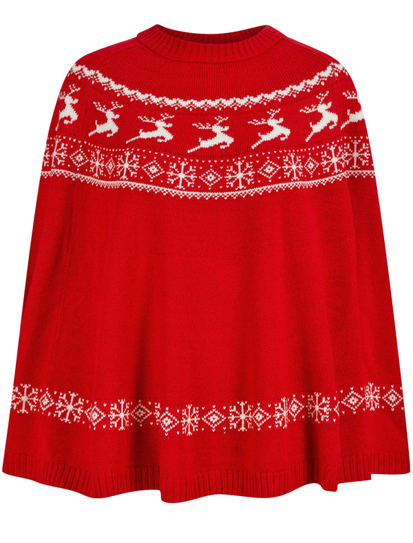 Women's Evanora Reindeer Print Novelty Knitted Poncho Cape in Tokyo Red  - Merry Christmas