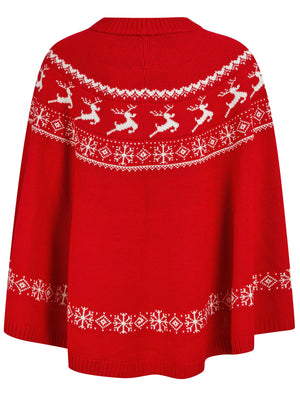 Women's Evanora Reindeer Print Novelty Knitted Poncho Cape in Tokyo Red  - Merry Christmas