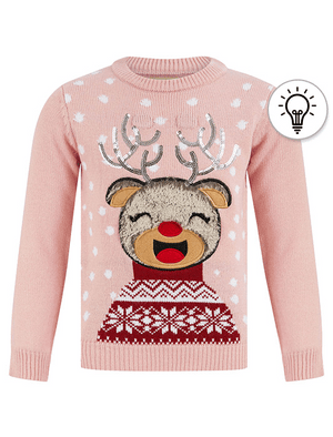 Girl s Joy Vixen LED Light Up Novelty Christmas Jumper in Pink