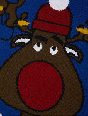 Men's Jumbled Rudolph Motif Novelty Christmas Jumper in Sapphire - Merry Christmas