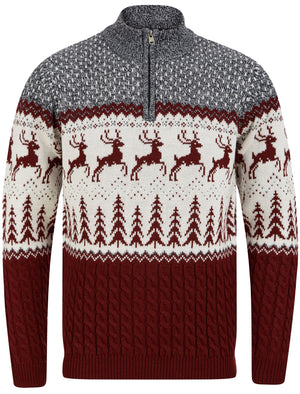 Jumping Deer Nordic Jacquard Cable Knit Jumper with Half Zip in Claret- Merry Christmas
