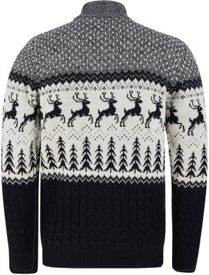 Jumping Deer Nordic Jacquard Cable Knit Jumper with Half Zip in Ink- Merry Christmas