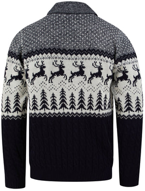 Jumping Deer Shawl Neck Jacquard Knit Jumper in Ink - Merry Christmas