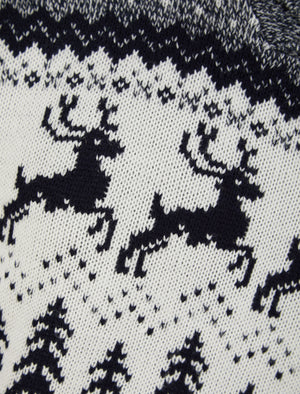 Jumping Deer Shawl Neck Jacquard Knit Jumper in Ink - Merry Christmas