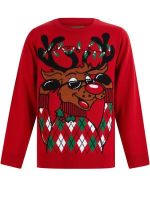 Boy's Argyile Holly Novelty Christmas Jumper in George Red - Merry Christmas Kids (4-12yrs)